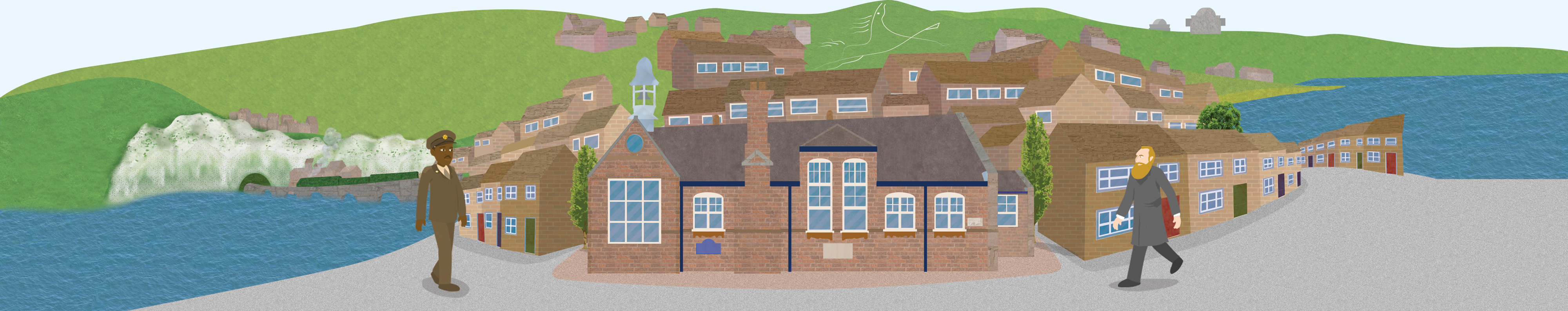 A scenic landscape view of the school and surrounding houses, with the sea and hills in the background